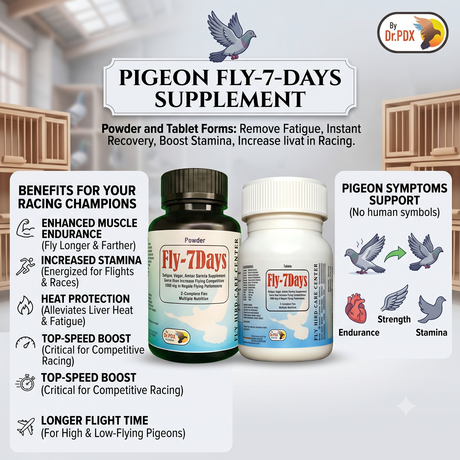 Pigeons Flying, Fly 7 Days Herbal ngredians with Electrolytes and Vitamns Tab and Powder 2 Pigeon Flying Fly 7days Powder Tablet Eng